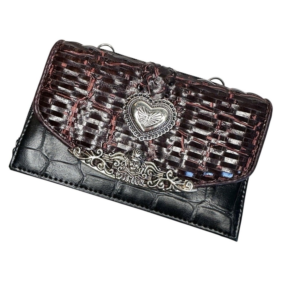 Western Crossbody Wallet Clutch Faux Croc Woven Leather Look Silver Heart Medusa